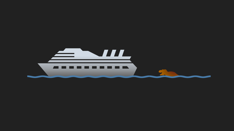 Icon art style picture of a cruise ship being stalked by a swimming Tyrannosaur.