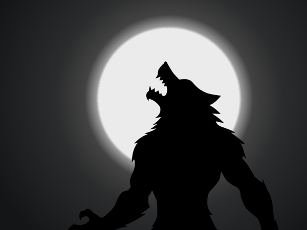 Silhouetted against a full moon, a werewolf lifts its head and howls.