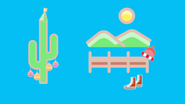 Icon art of an outdoor scene with a cactus decorated with Christmas ornaments, and a red hat and boots set by a wooden fence.